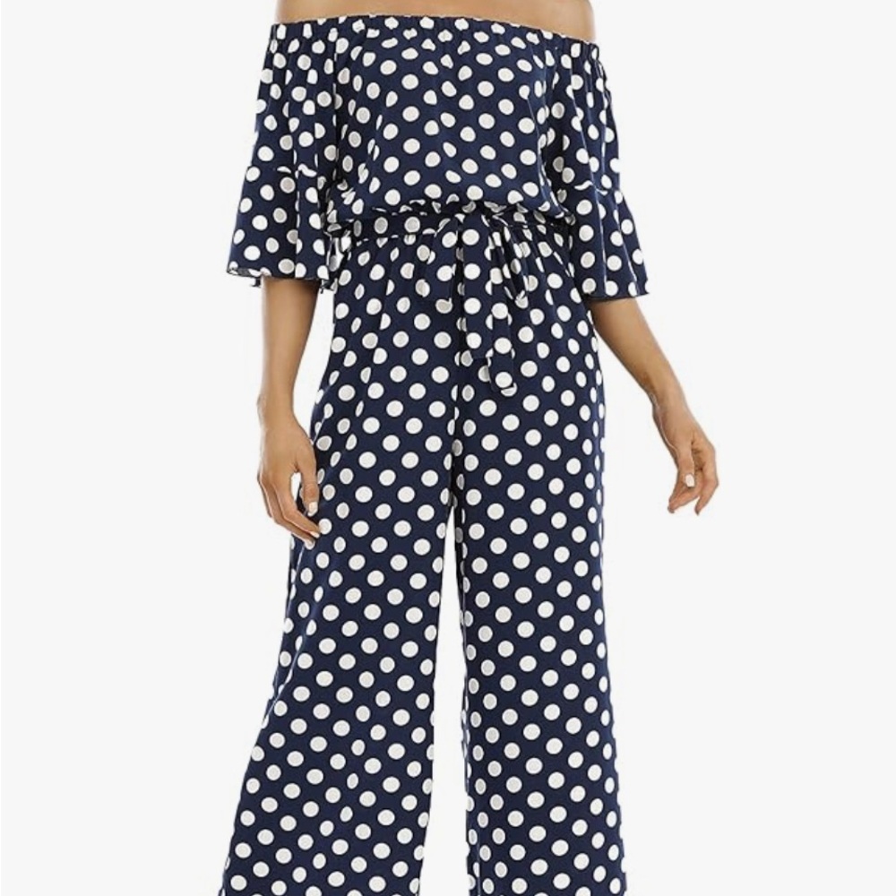Navy Polka Dot Off-Shoulder Jumpsuit